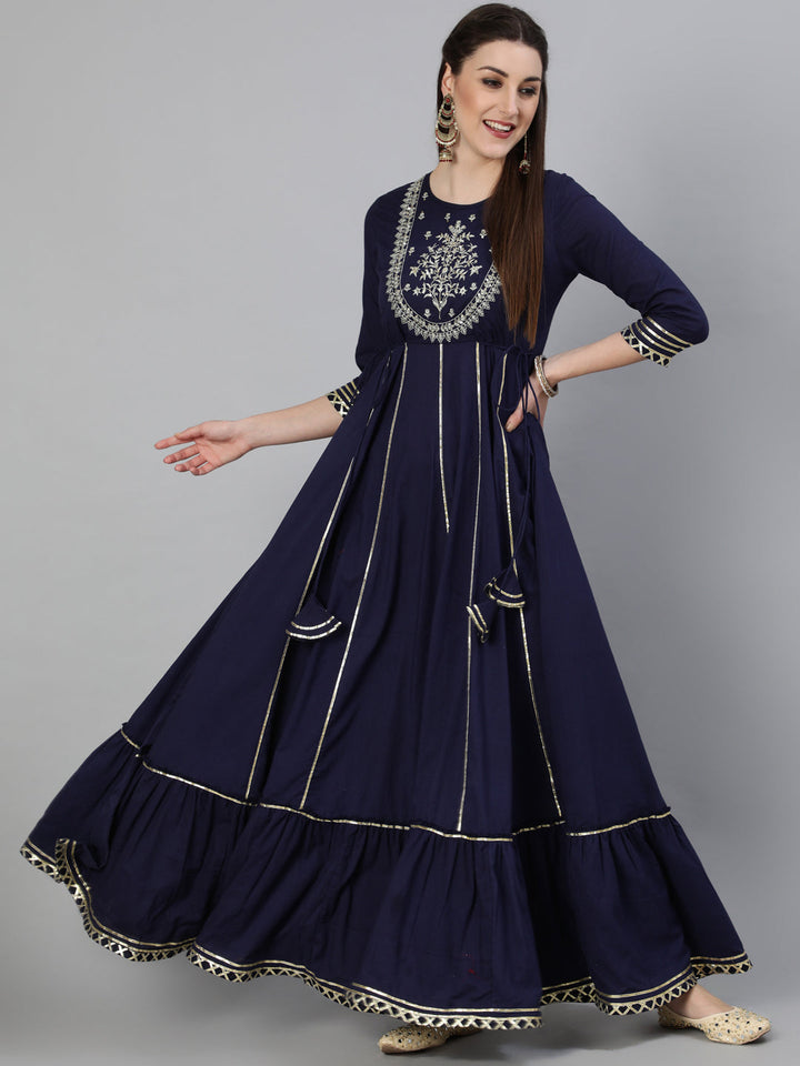 DRESS - NAVY, COTTON ZARI WORK FLARED FULL LENGTH KURTA