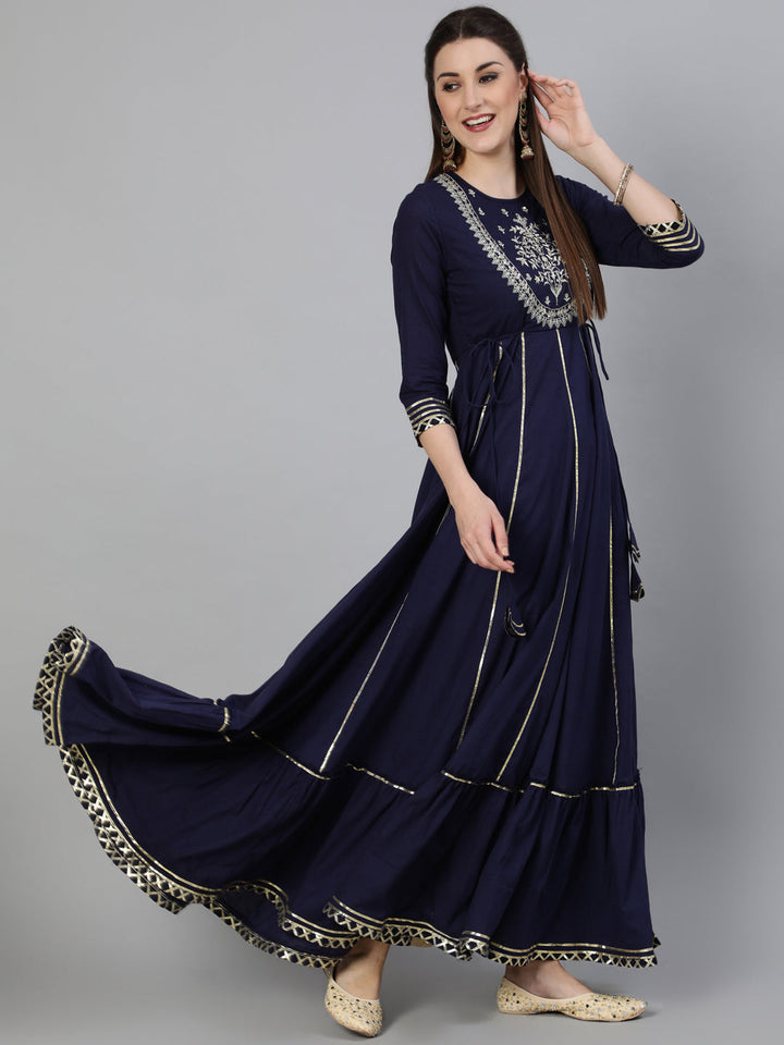 DRESS - NAVY, COTTON ZARI WORK FLARED FULL LENGTH KURTA