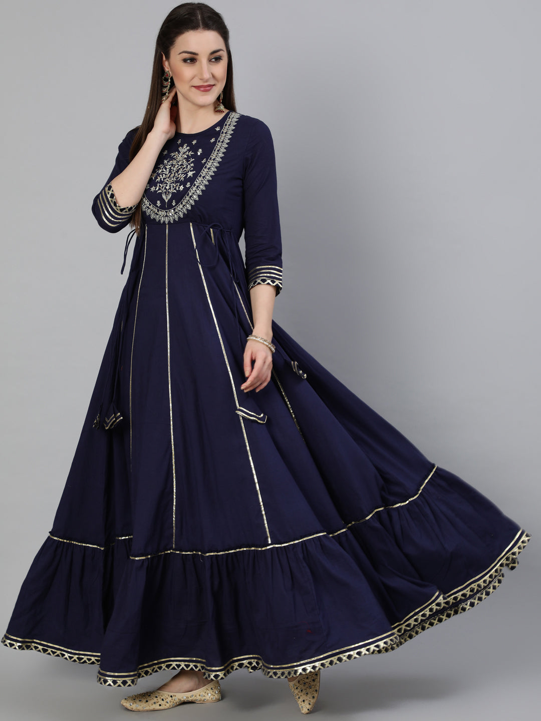 DRESS - NAVY, COTTON ZARI WORK FLARED FULL LENGTH KURTA