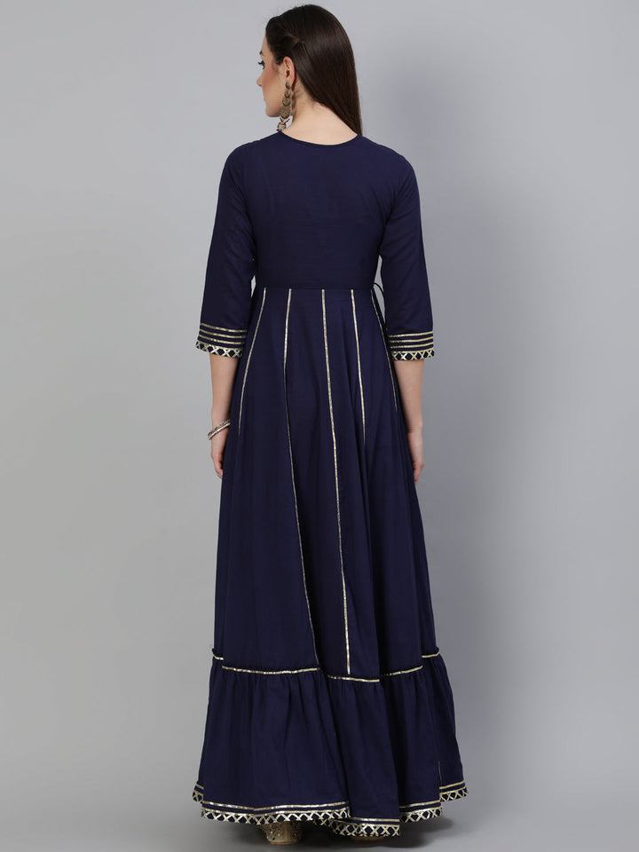 DRESS - NAVY, COTTON ZARI WORK FLARED FULL LENGTH KURTA