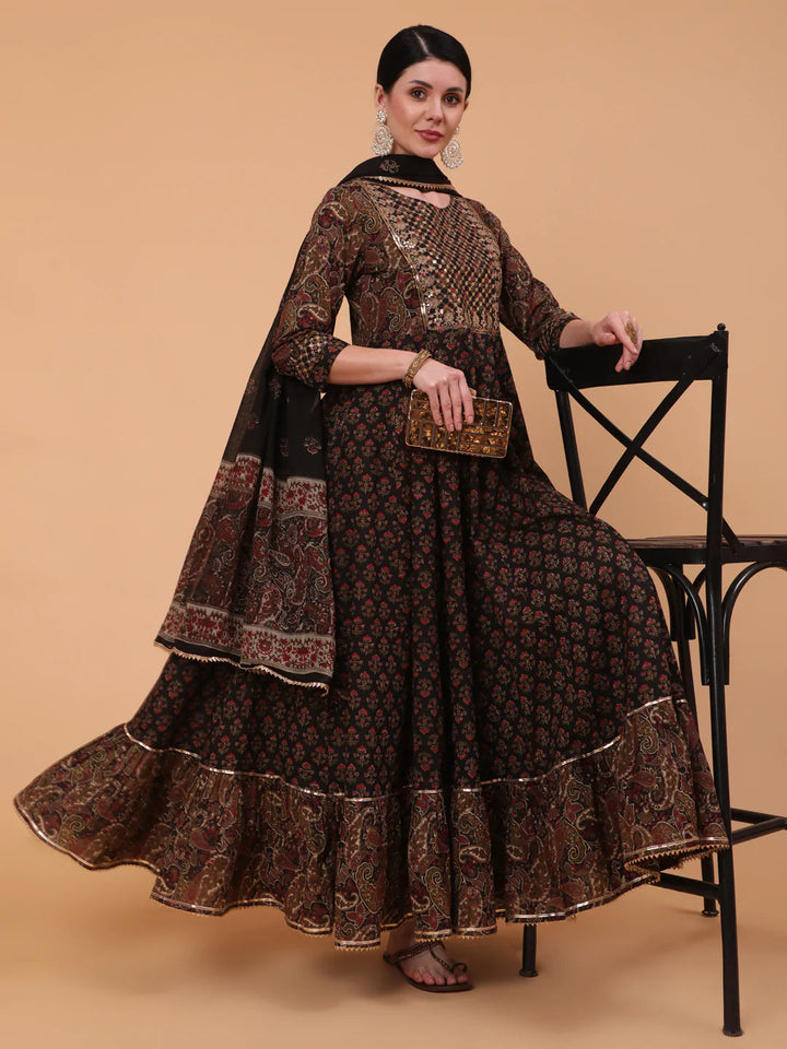 KURTA WITH DUPATTA - Cotton Full Length Embroidered Flared 3/4 Sleeve Round Neck Kurta Dupatta Set