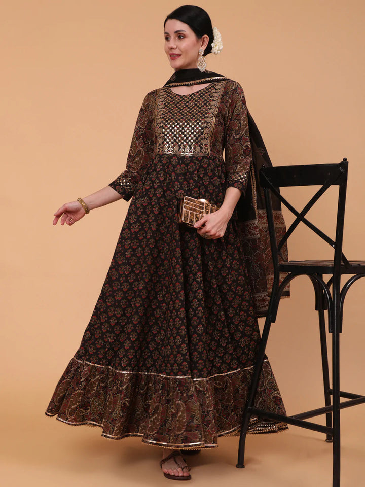 KURTA WITH DUPATTA - Cotton Full Length Embroidered Flared 3/4 Sleeve Round Neck Kurta Dupatta Set