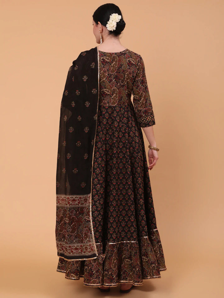 KURTA WITH DUPATTA - Cotton Full Length Embroidered Flared 3/4 Sleeve Round Neck Kurta Dupatta Set