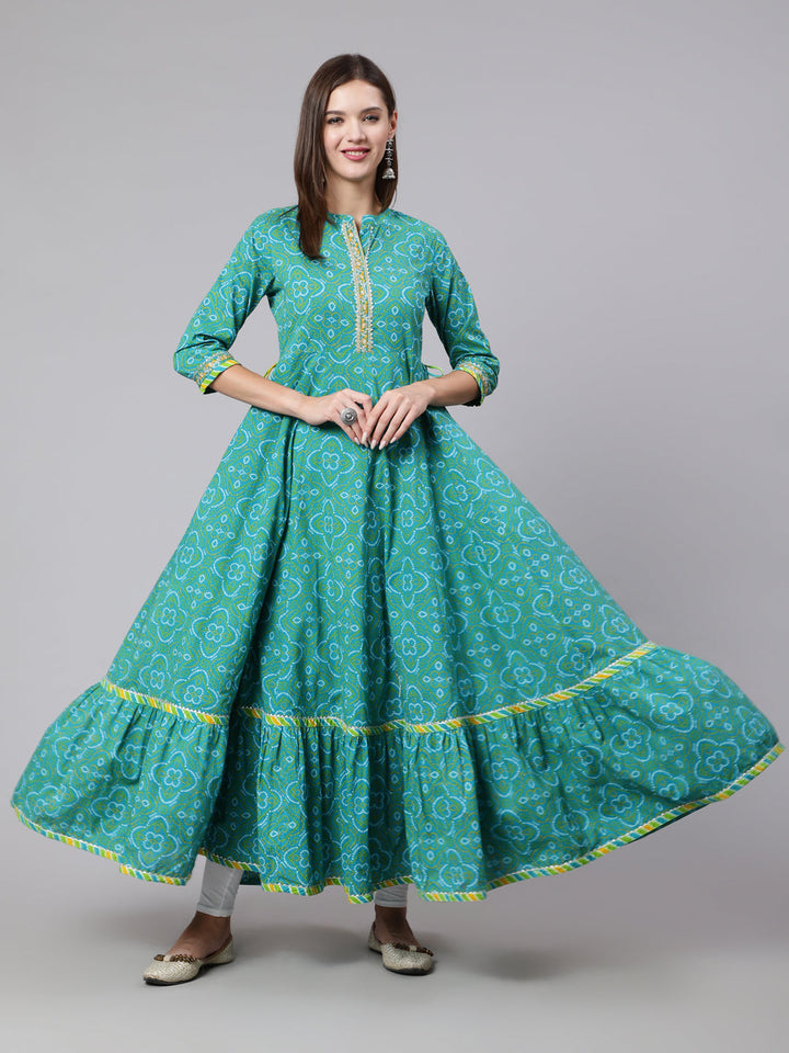 DRESS-RAMA GREEN, COTTON BANDHANI PRINT