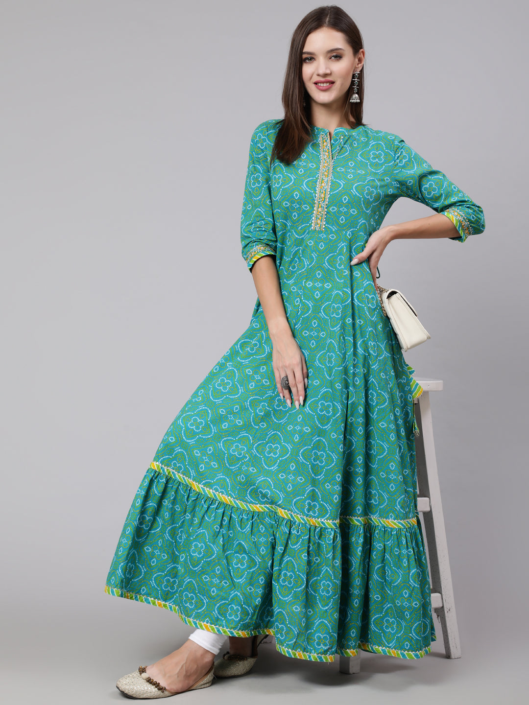 DRESS-RAMA GREEN, COTTON BANDHANI PRINT