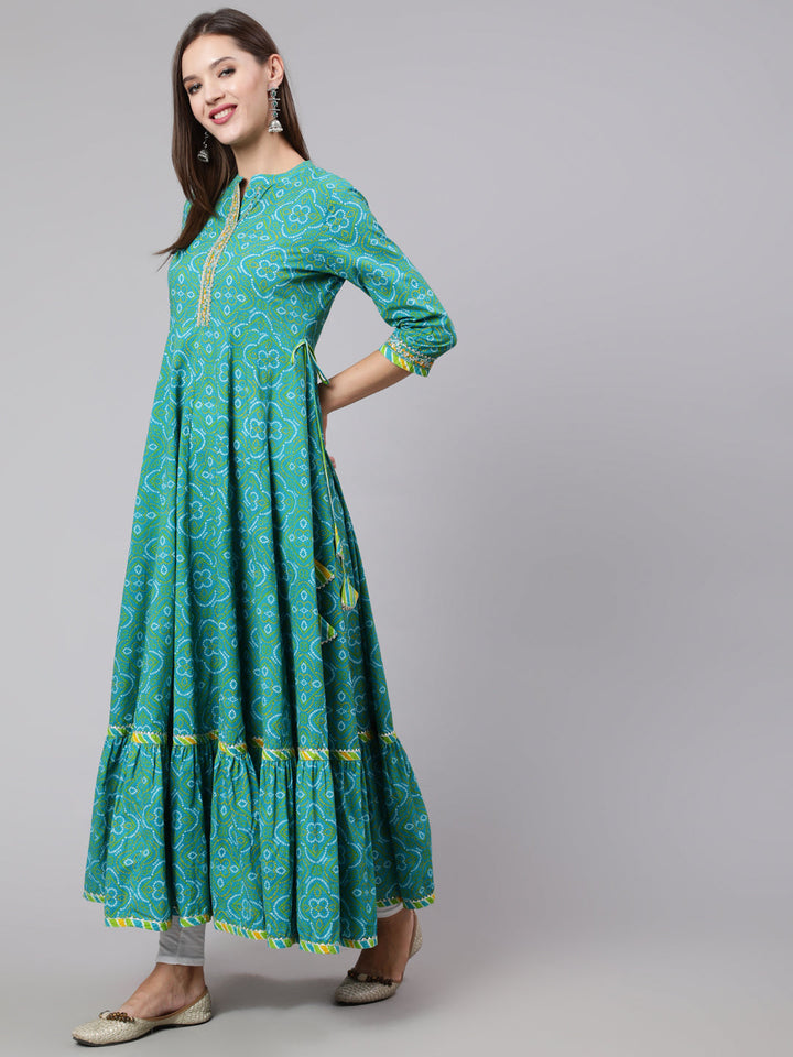 DRESS-RAMA GREEN, COTTON BANDHANI PRINT