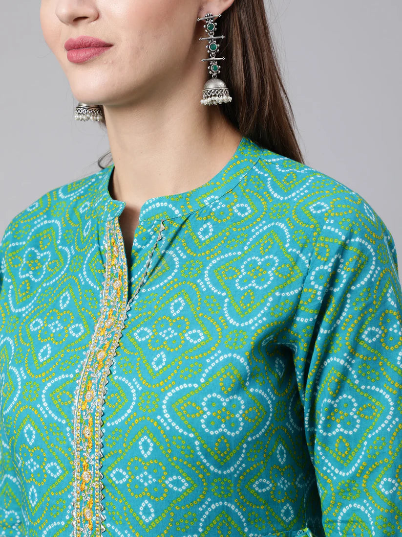 DRESS-RAMA GREEN, COTTON BANDHANI PRINT