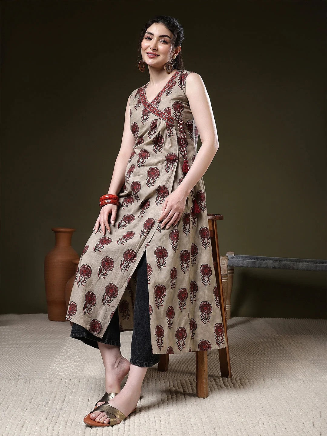 KURTA-Brown Viscose Printed