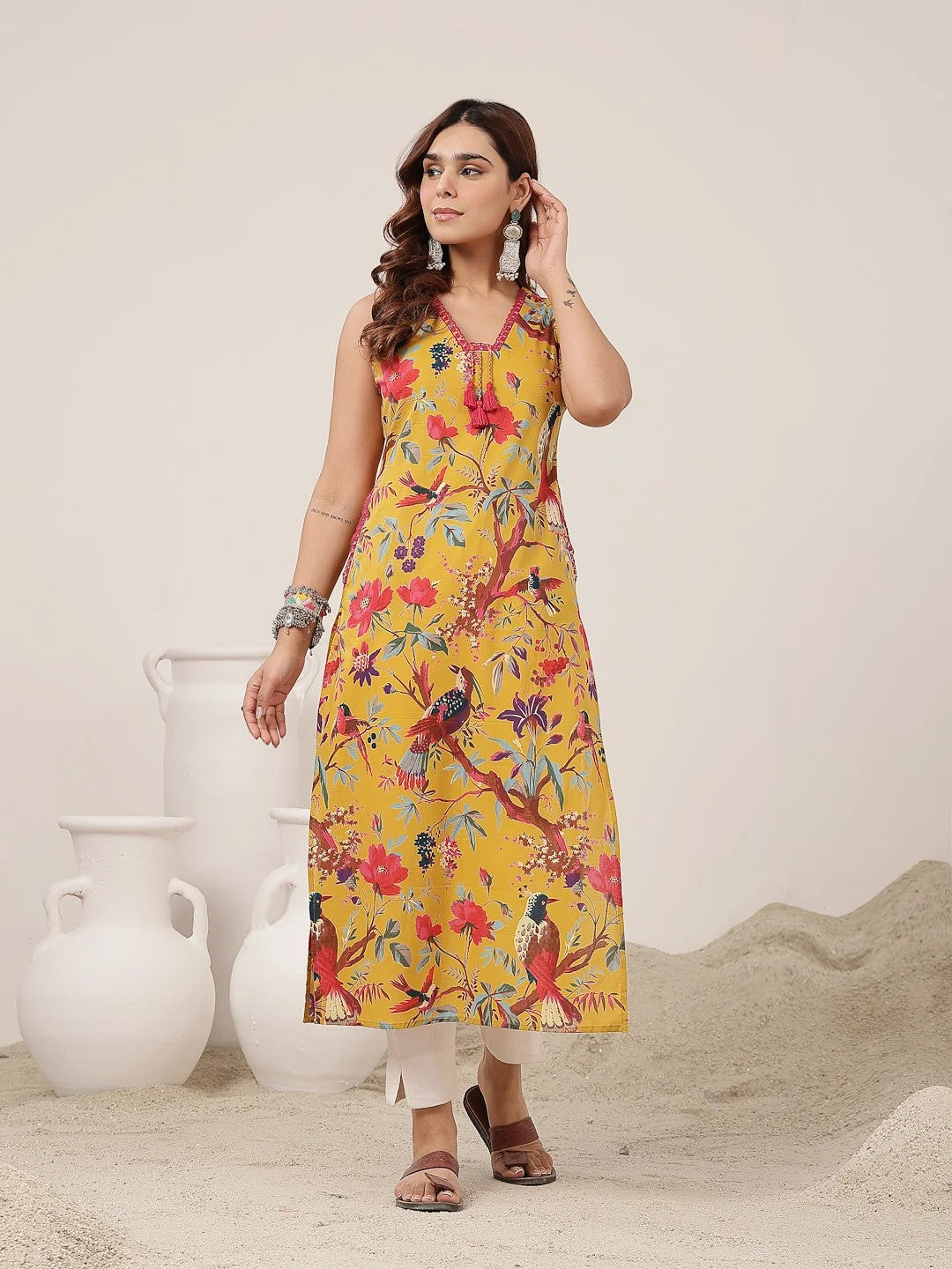 KURTA-Straight Cotton Printed Sleeveless