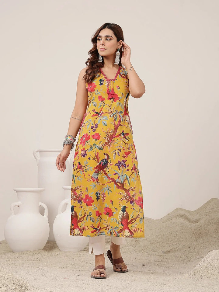 KURTA-Straight Cotton Printed Sleeveless
