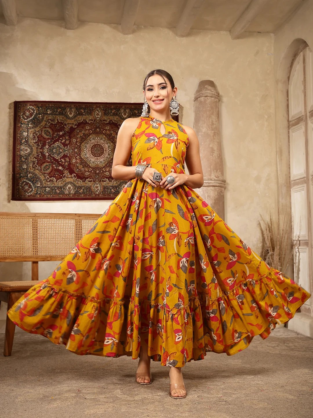 DRESS-Cotton Printed Flared Sleeveless