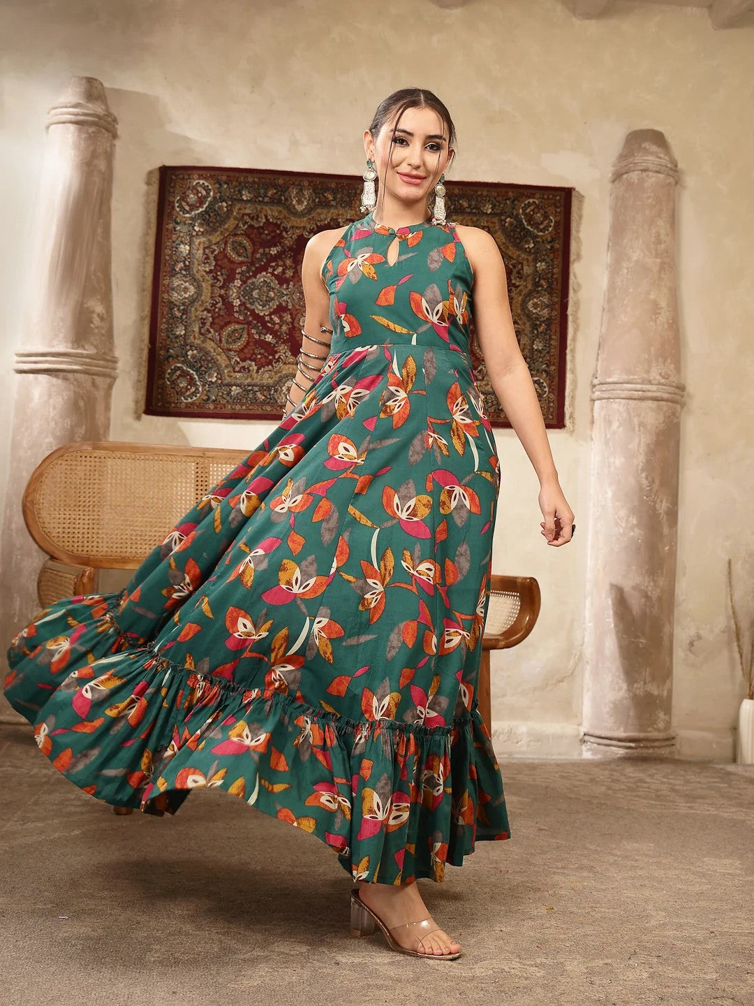 DRESS-Cotton Printed Flared Sleeveless