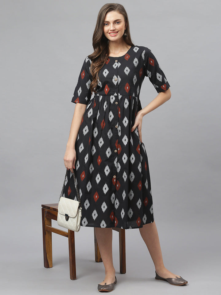 DRESS - Women's Ikat Print Cotton Midi Flared Dress