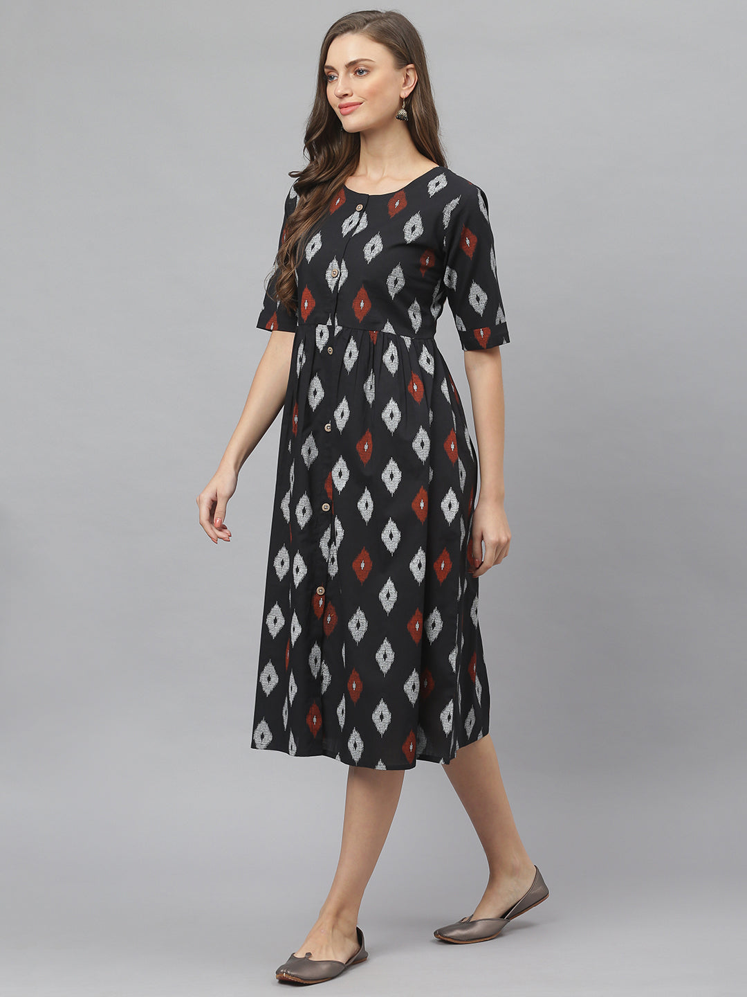 DRESS - Women's Ikat Print Cotton Midi Flared Dress