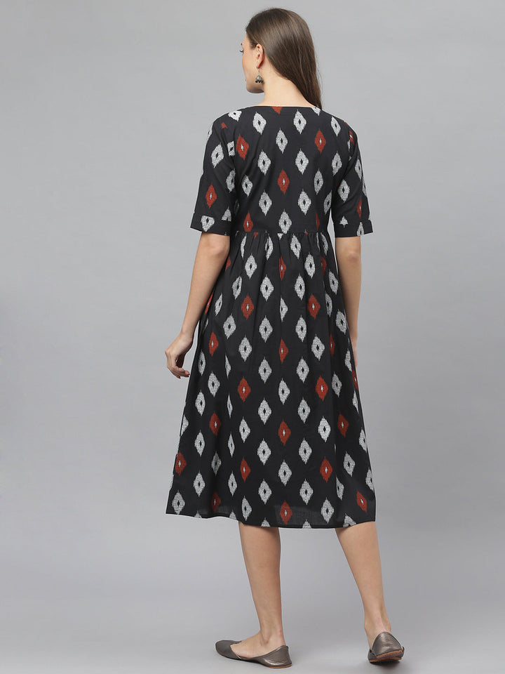 DRESS - Women's Ikat Print Cotton Midi Flared Dress