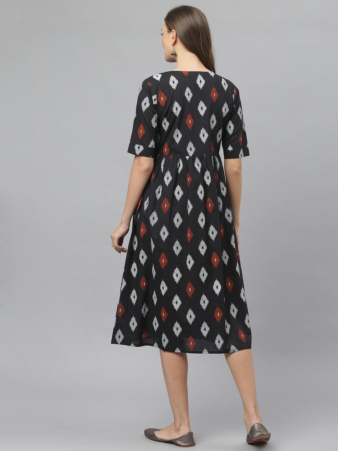 TUNIC-Women's Ikat print cotton midi flared