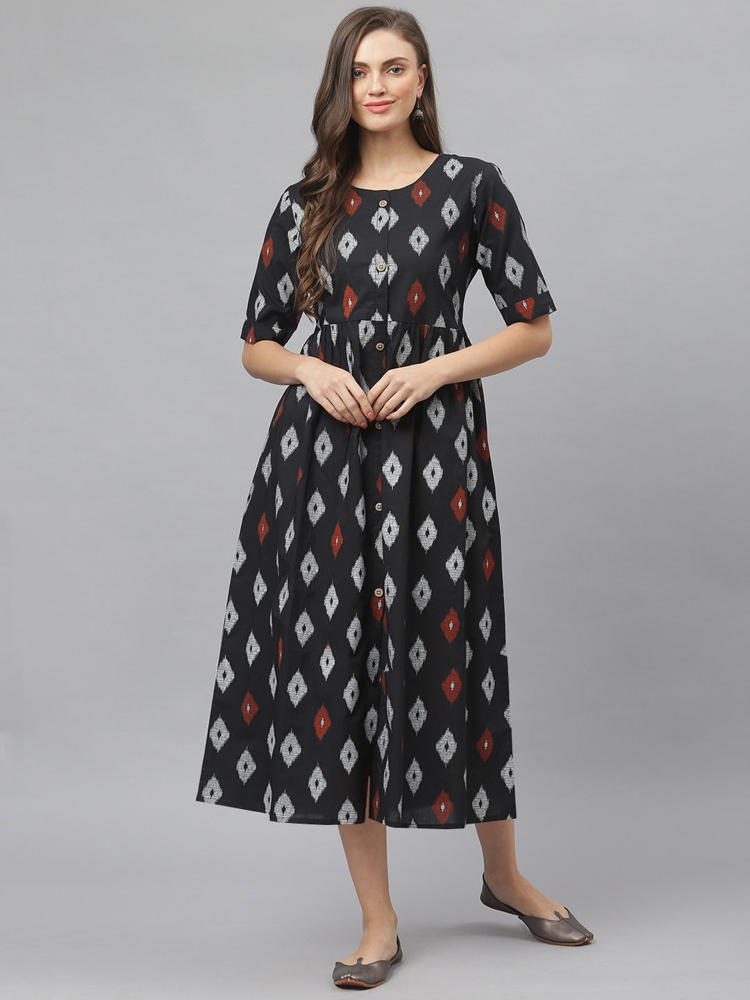 DRESS - Women's Ikat Print Cotton Midi Flared Dress