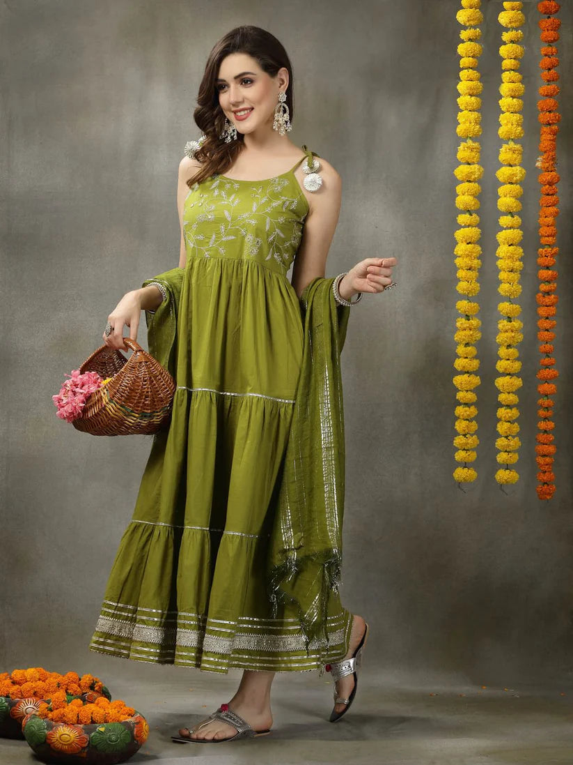 DUPATTA SET-Embroidered Cotton Tiered Kurta with Dupatta