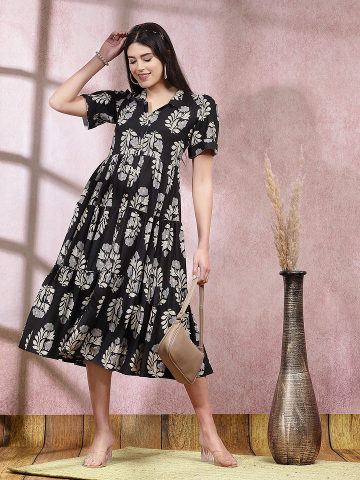 DRESS-Floral printed rayon tiered dress