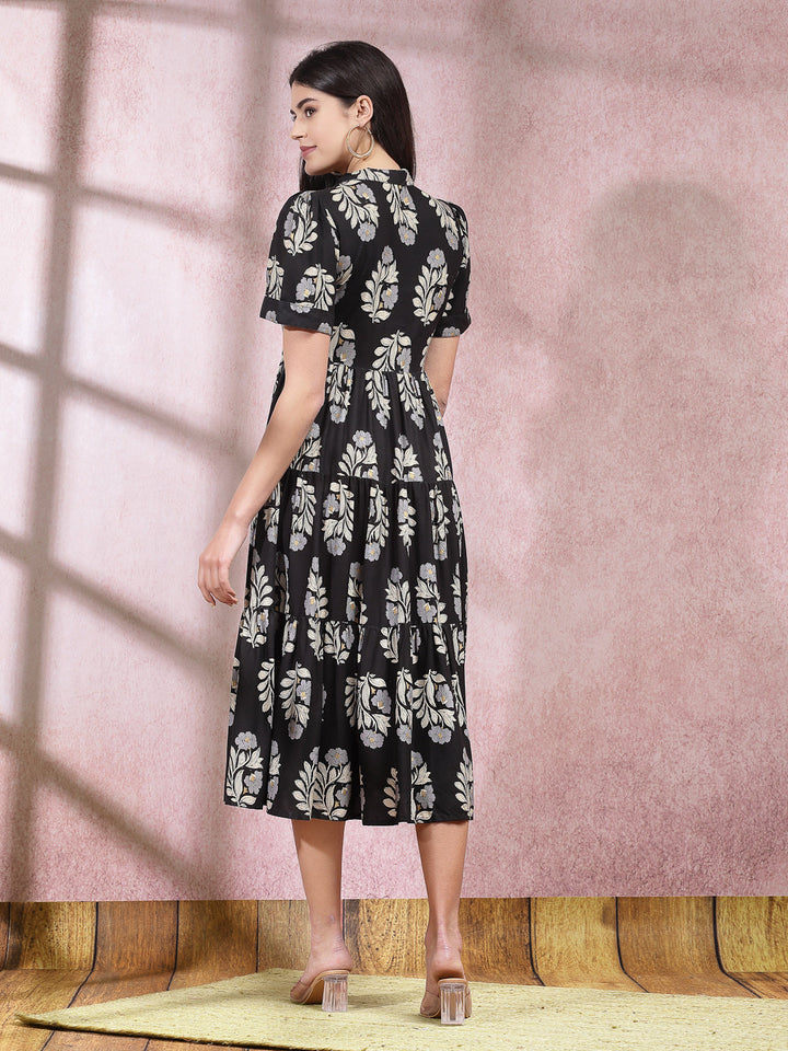 DRESS-Floral printed rayon tiered dress