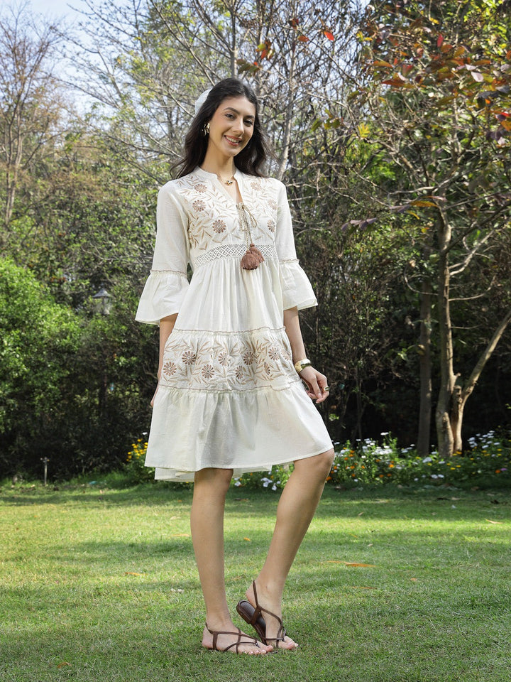 TUNIC-Off White Cotton Solid & Embroidered