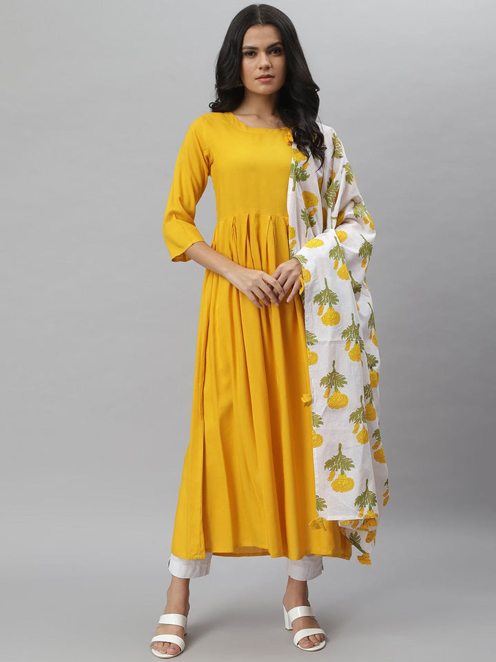 KURTA WITH DUPATTA - Solid Rayon Kurta Dupatta Set (Yellow, White)