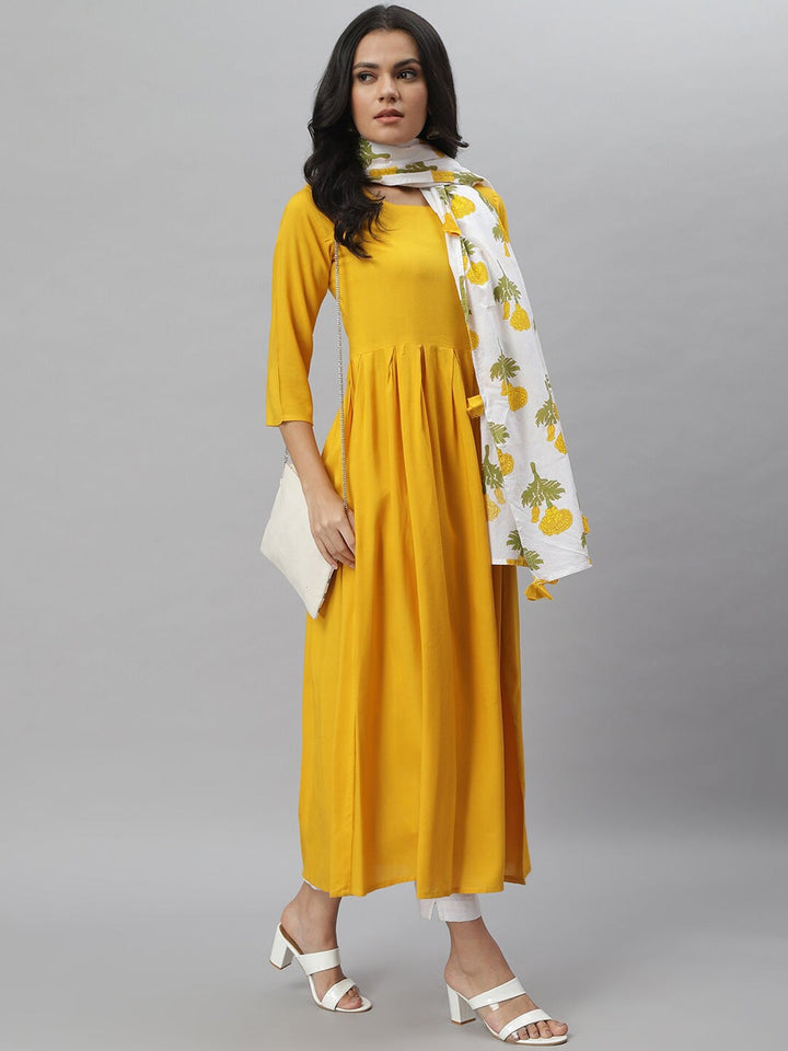 KURTA WITH DUPATTA - Solid Rayon Kurta Dupatta Set (Yellow, White)