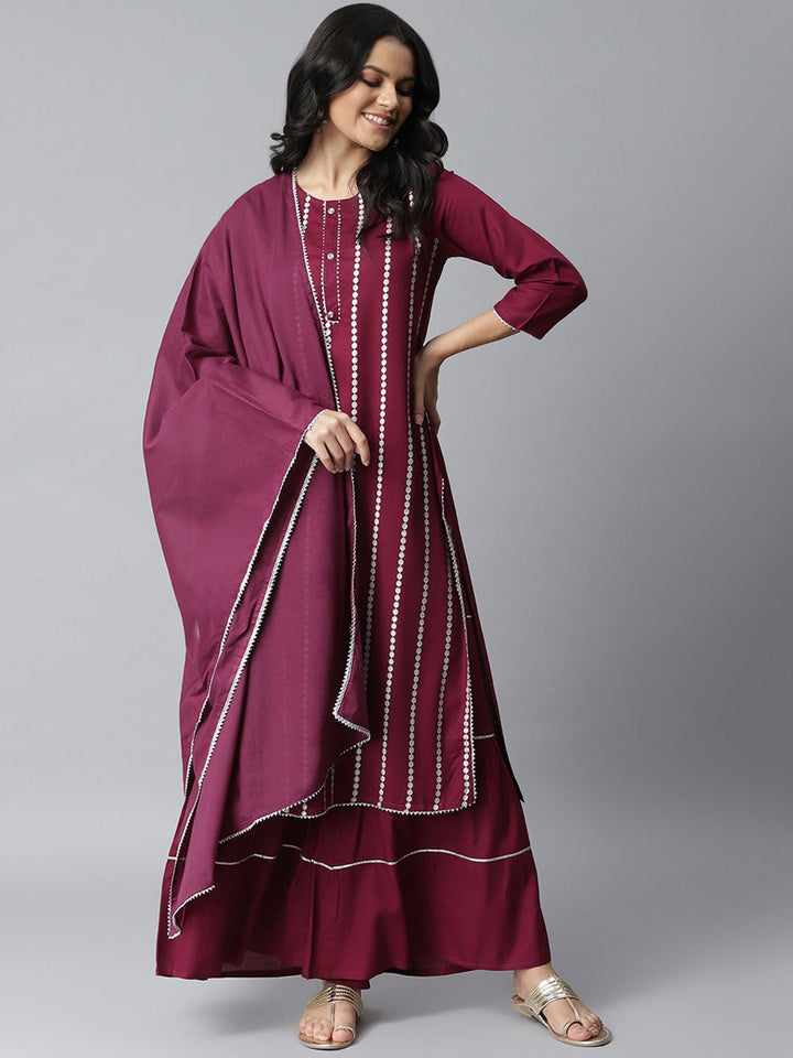 DUPATTA SET - Embellished Rayon Kurta Sharara Dupatta Set (Purple)