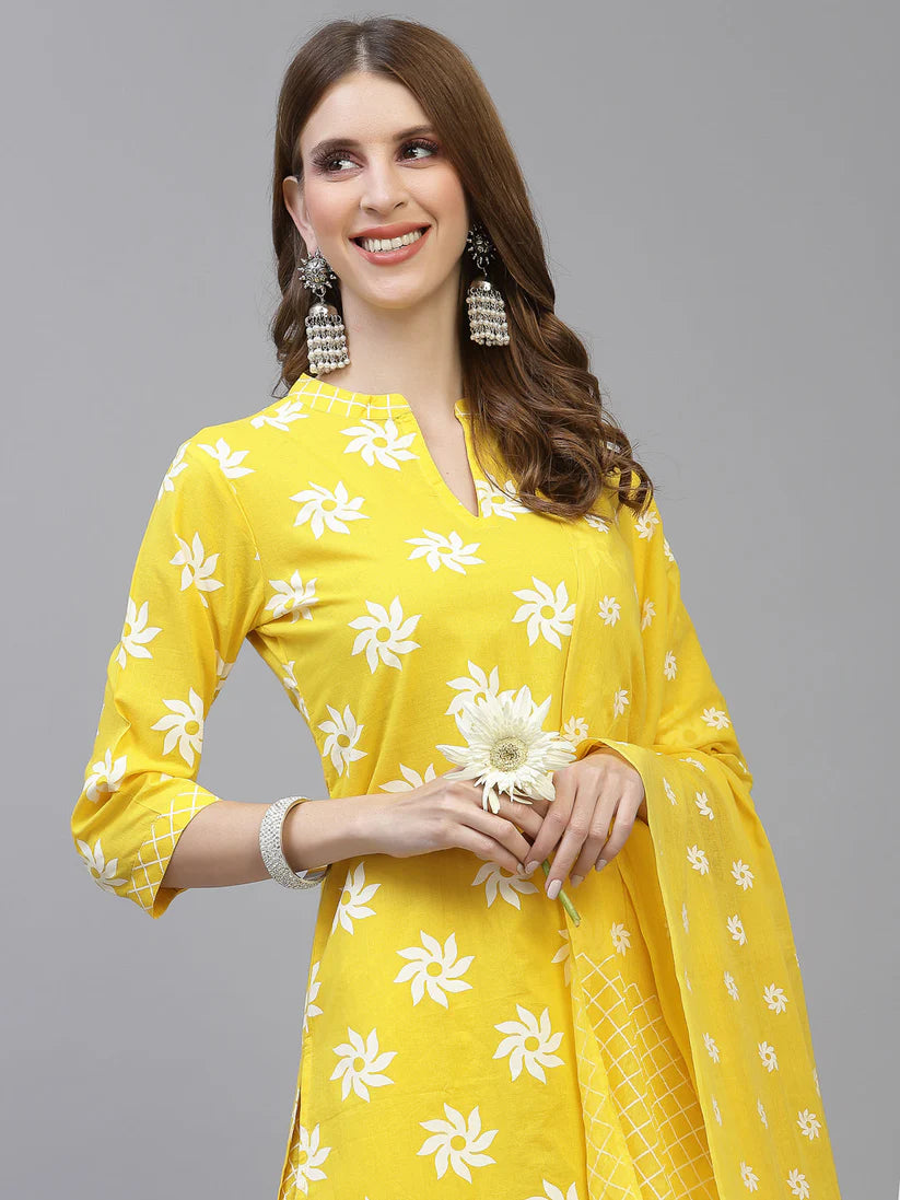 DUPATTA SET-Printed Cotton Straight Kurta Pant Dupatta Set