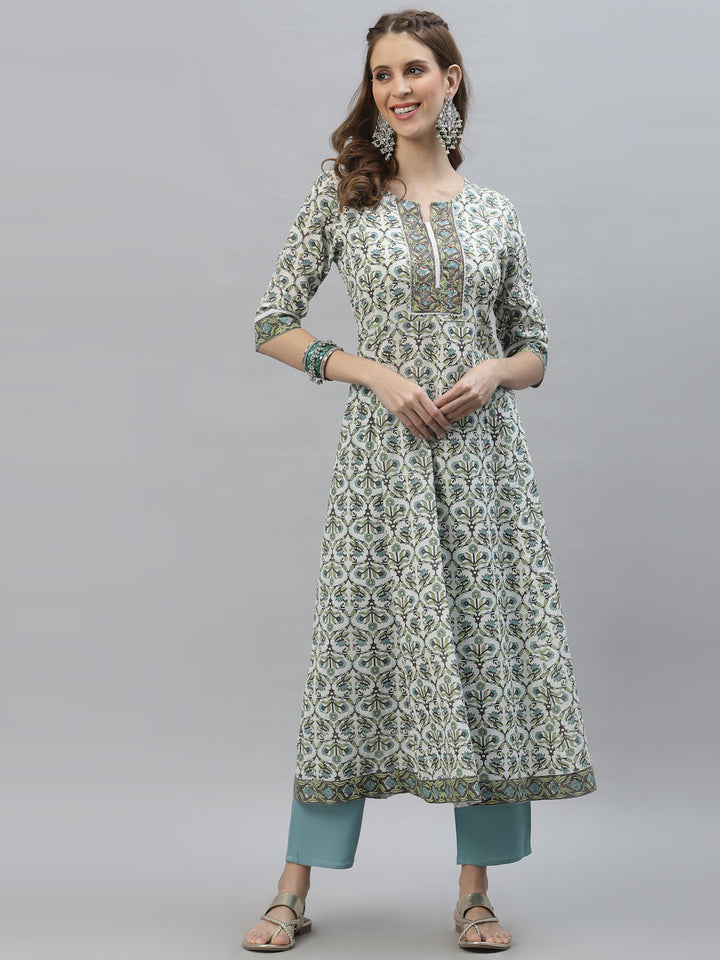 DUPATTA SET - Floral Printed Cotton Anarkali Kurta Pant Dupatta Set