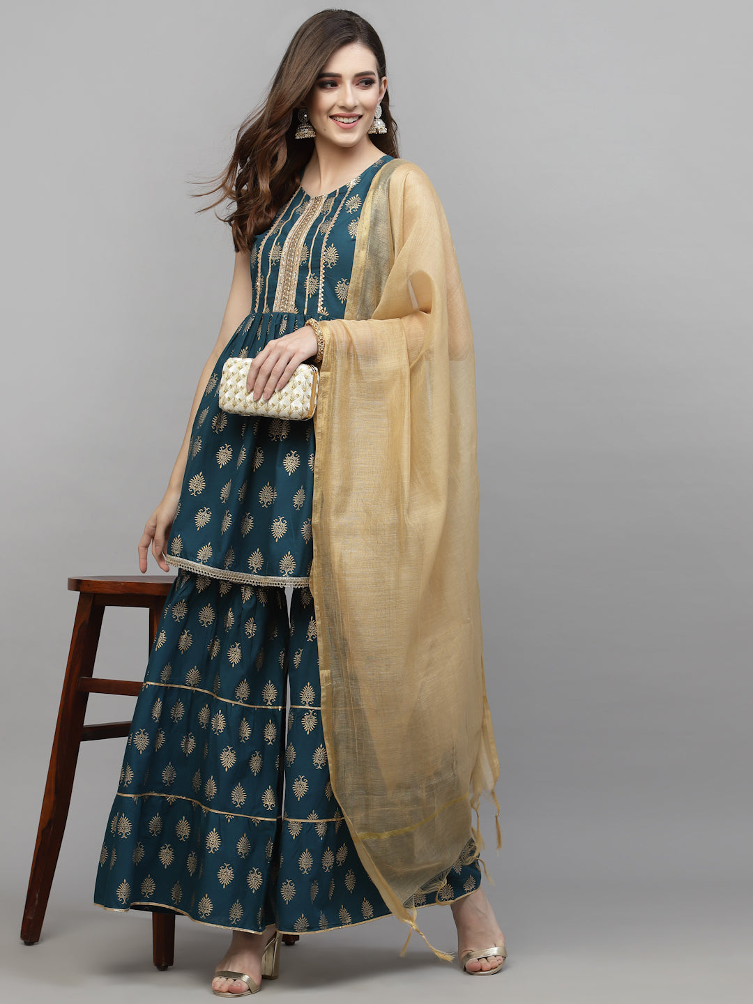 DUPATTA SET - Gold Printed Cotton Kurta Sharara Dupatta Set