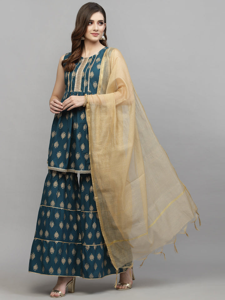 DUPATTA SET - Gold Printed Cotton Kurta Sharara Dupatta Set