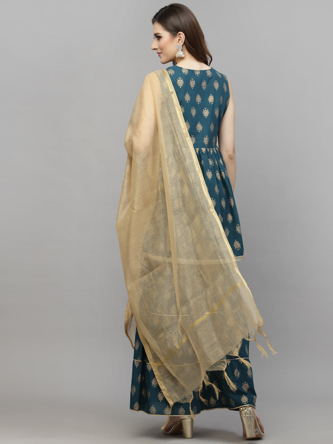 DUPATTA SET - Gold Printed Cotton Kurta Sharara Dupatta Set