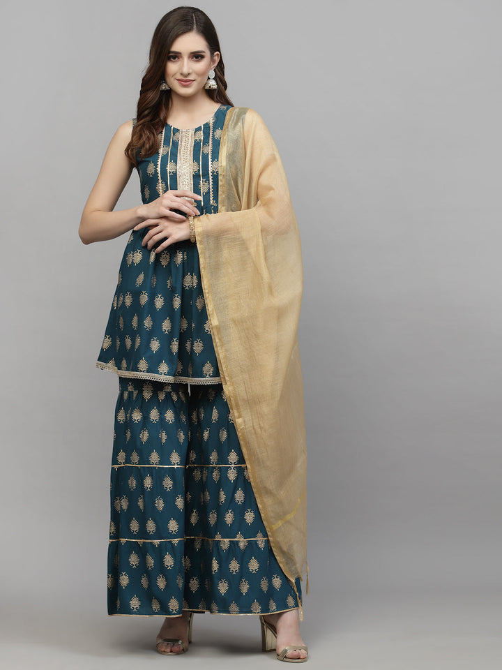 DUPATTA SET - Gold Printed Cotton Kurta Sharara Dupatta Set