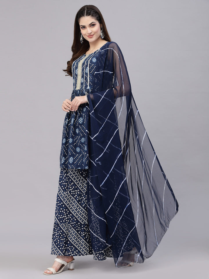 DUPATTA SET - Bandhej Printed Cotton Flared Short Kurta Sharara Dupatta Set