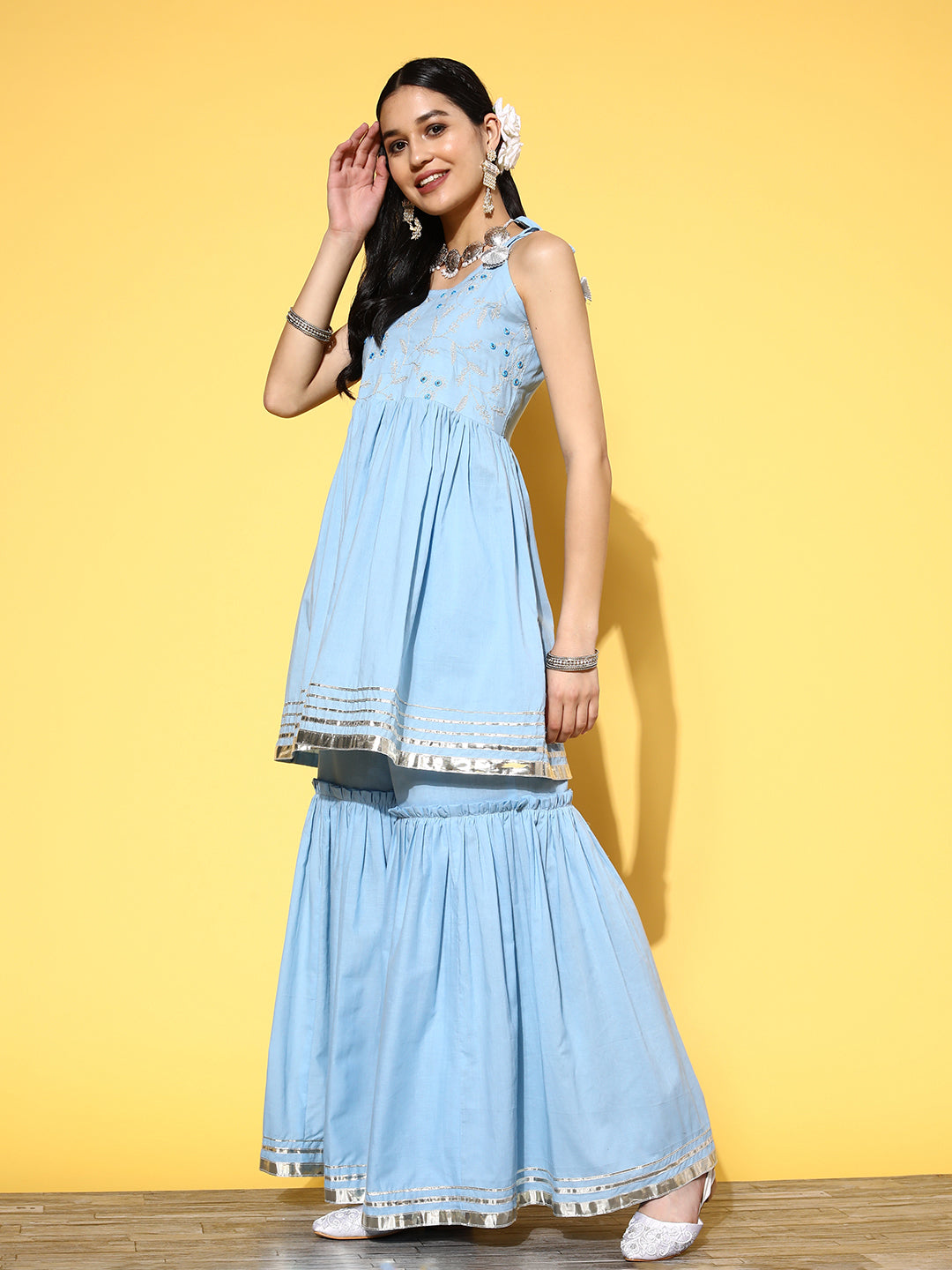 DUPATTA SET - Embroidered Cotton Kurta Sharara with Printed Dupatta