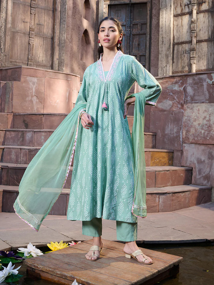 DUPATTA SET-Printed & Embroidered A-Line Kurta Pant and Dupatta