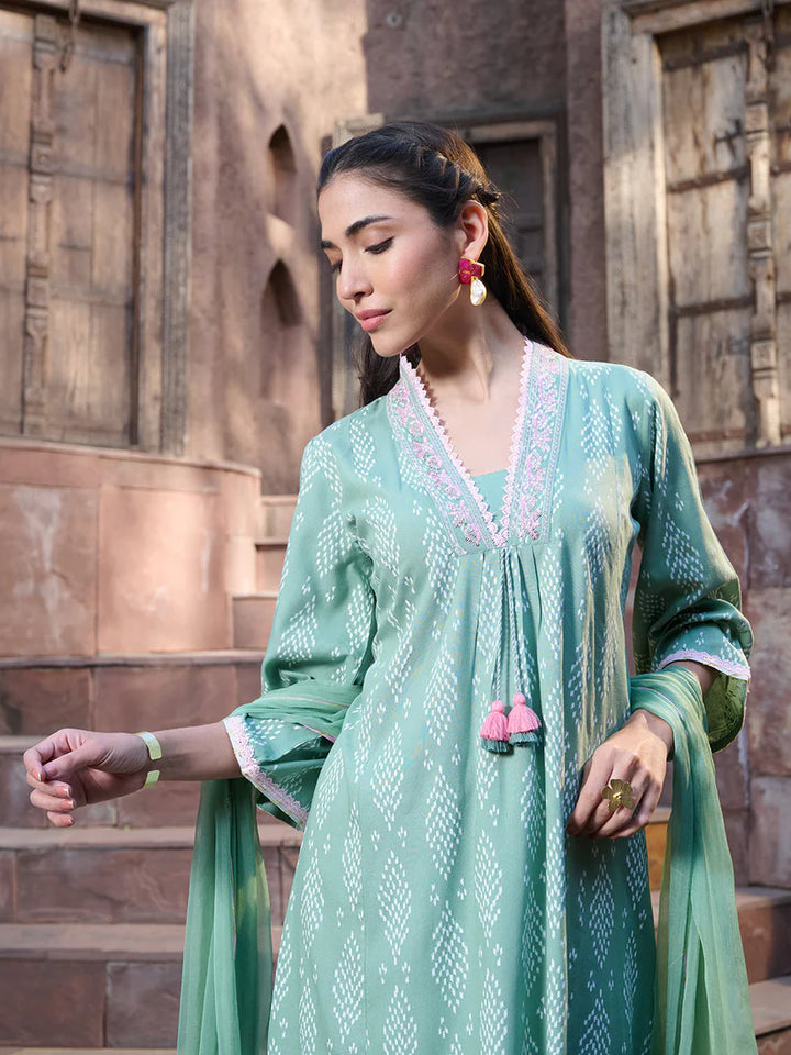 DUPATTA SET-Printed & Embroidered A-Line Kurta Pant and Dupatta