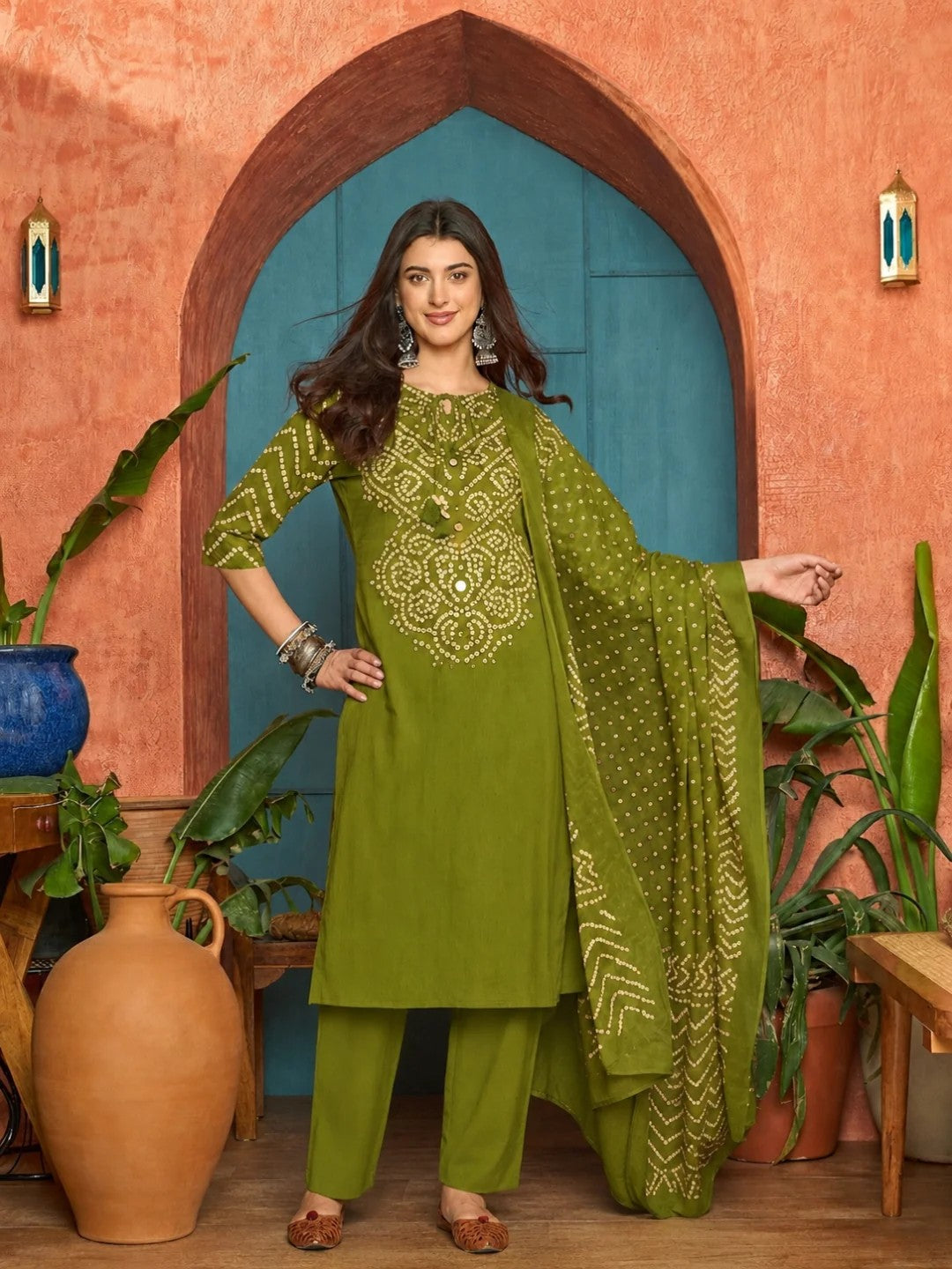 DUPATTA SET-Bandhej Printed Cotton Straight