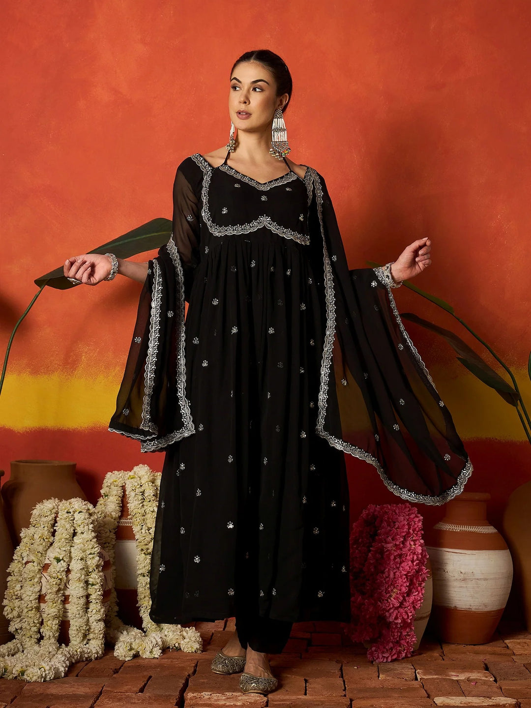 DUPATTA SET-Black Georgette Anarkali Kurta with Dupatta
