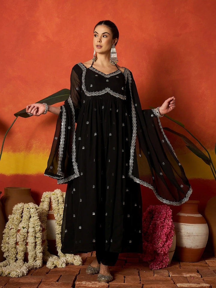 DUPATTA SET-Black Georgette Anarkali Kurta with Dupatta