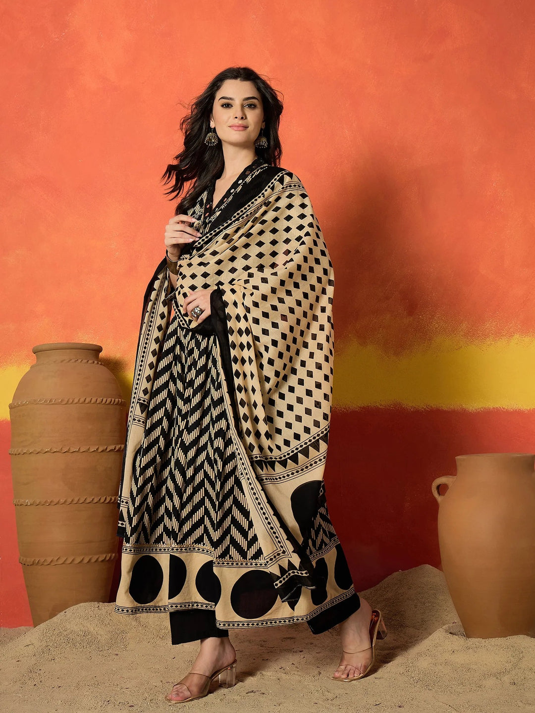 DUPATTA SET-Chevron Printed Anarkali Kurta Set & Dupatta