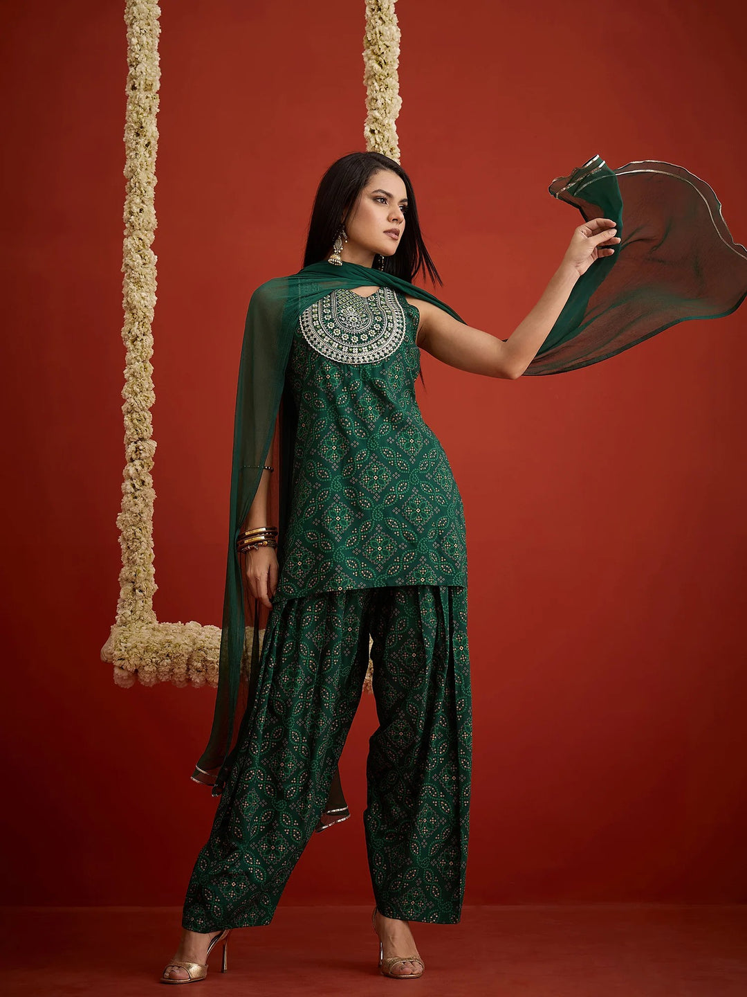 DUPATTA SET-Bandhej Short Kurti Farshi Salwar Set
