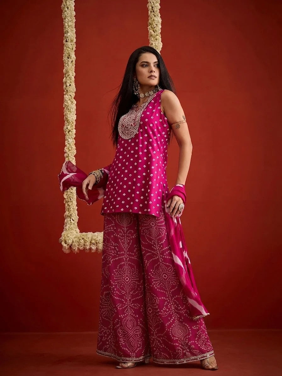 DUPATTA SET-Bandhej Short Kurti Palazzo Set