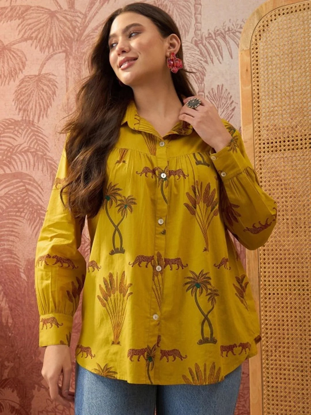TOP-Yelw Palm Tree Printed Cotton Shirt