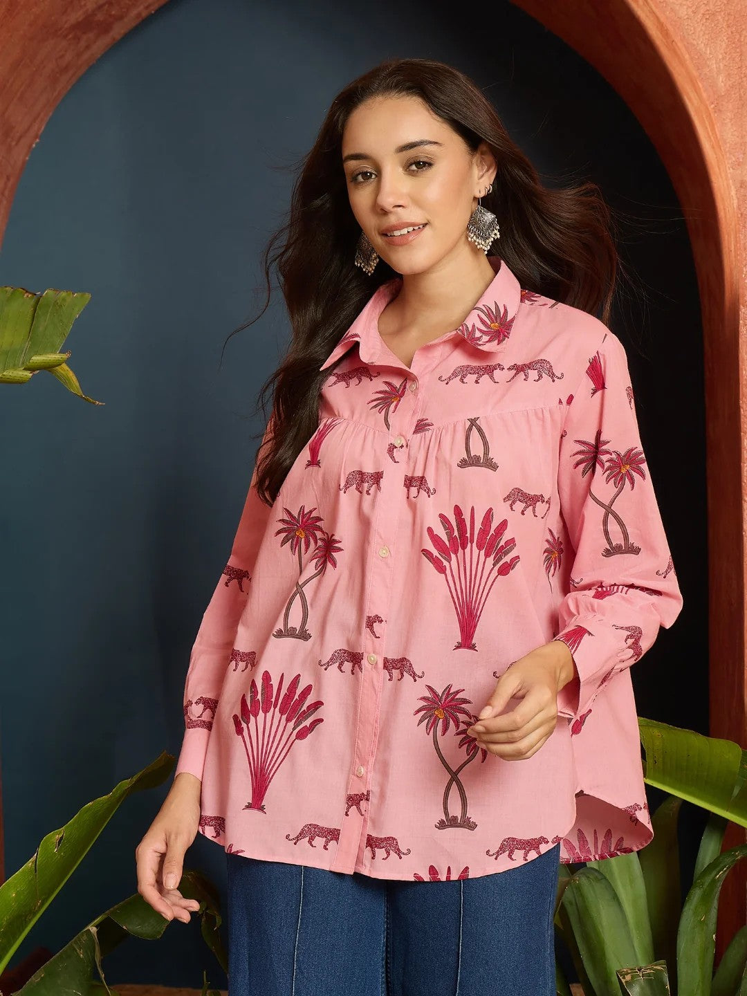 TOP-Pink Palm Tree Printed Cotton Shirt