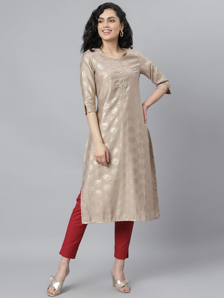 KURTA - Women's Gold Printed Rayon Straight Kurta