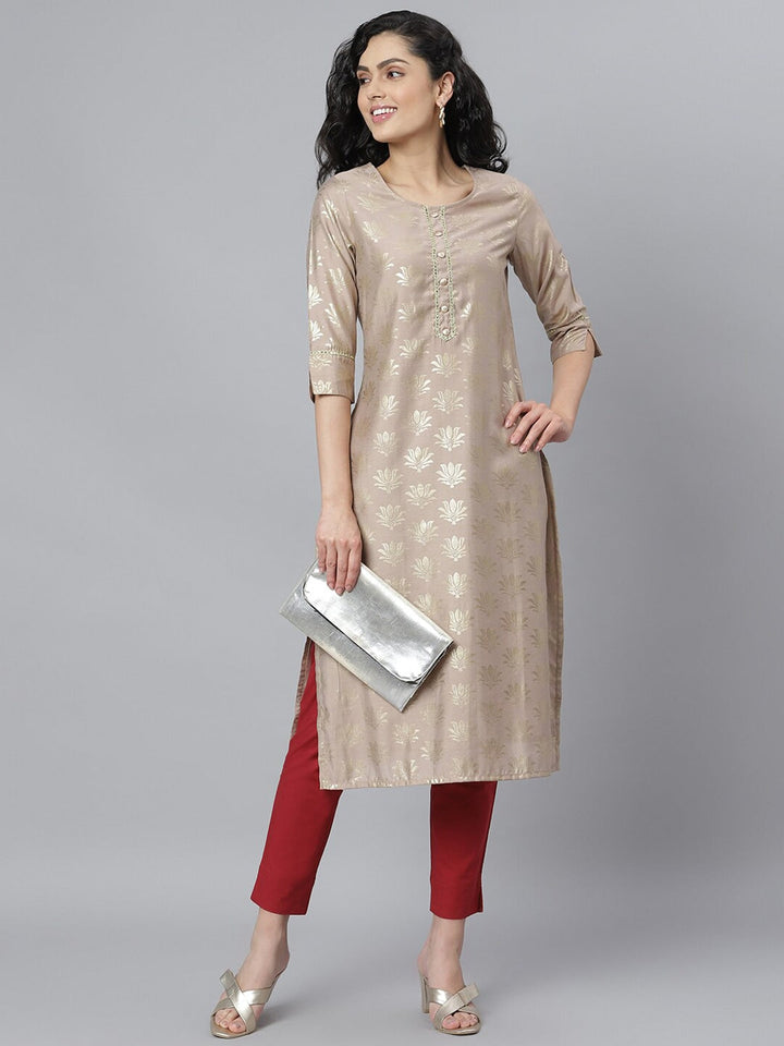 KURTA - Women's Gold Printed Rayon Straight Kurta