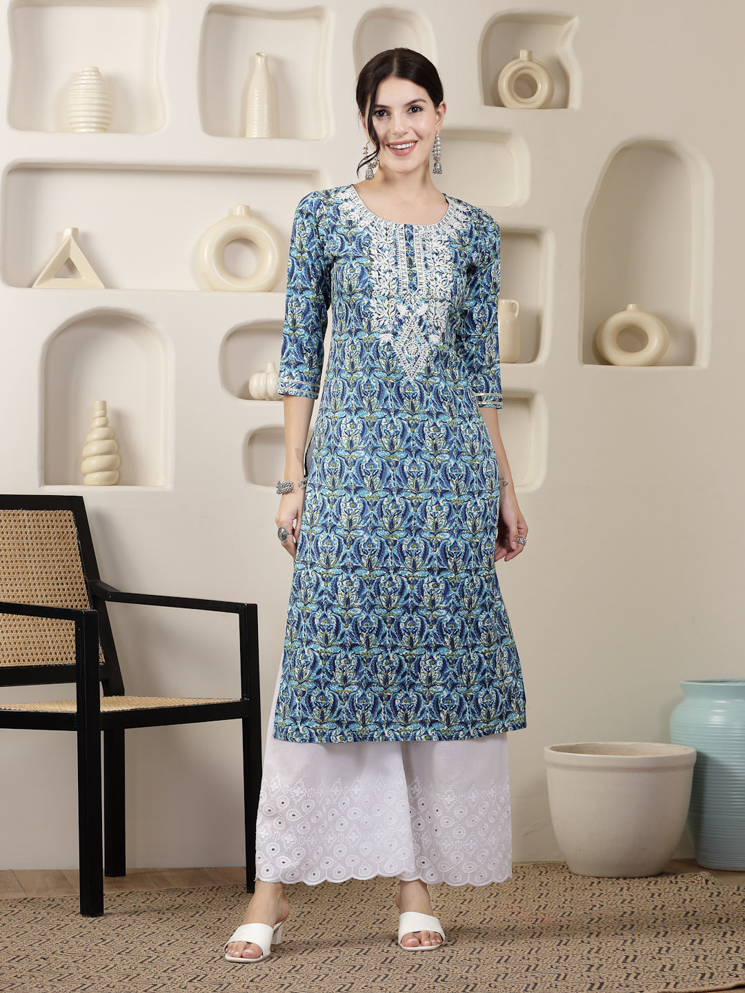 KURTA-Blue Printed & Embroidered Rayon Straight