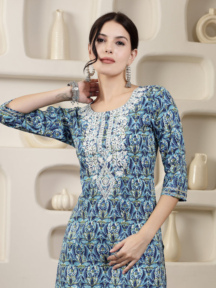 KURTA-Blue Printed & Embroidered Rayon Straight